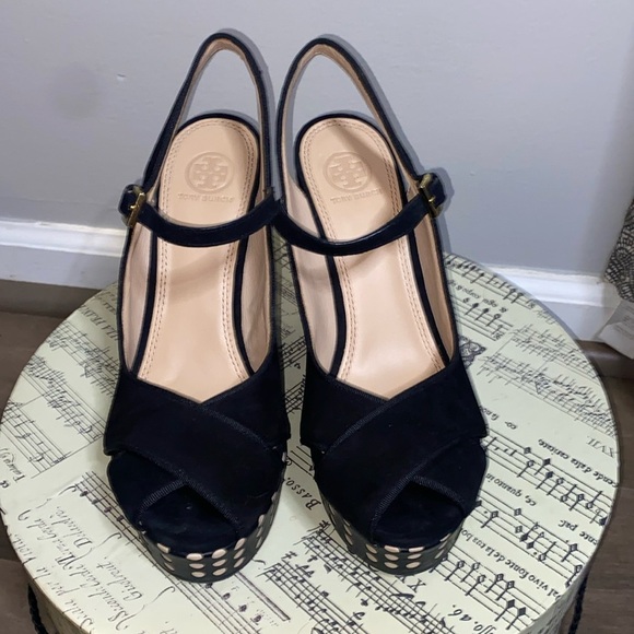 Tory Burch Ollie black polka dot peep toe platform wedges - Picture 1 of 8